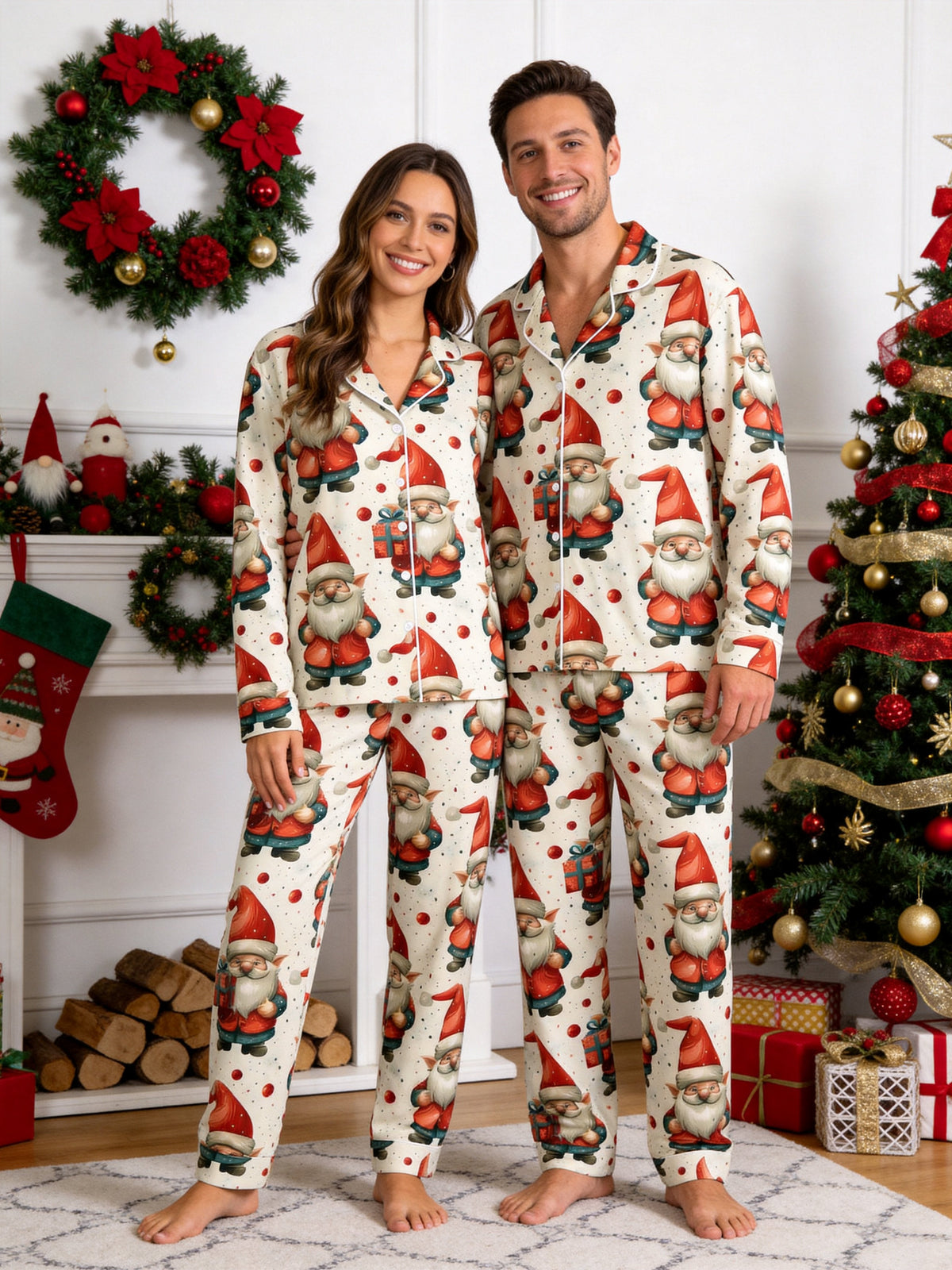 Beige Cute Santa Gnome with Gift Box Print Matching Couple Holiday PJs