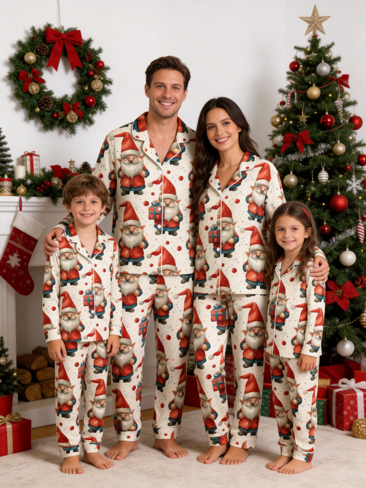 Beige Cute Santa Gnome with Gift Box Print Matching Couple Holiday PJs