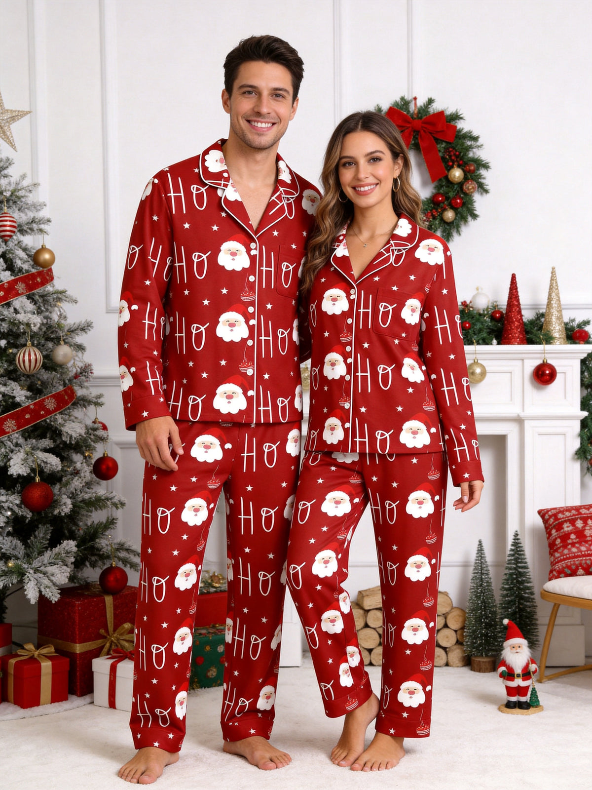 Red Santa Claus Face and Starry Print Matching Couple Christmas Sleepwear
