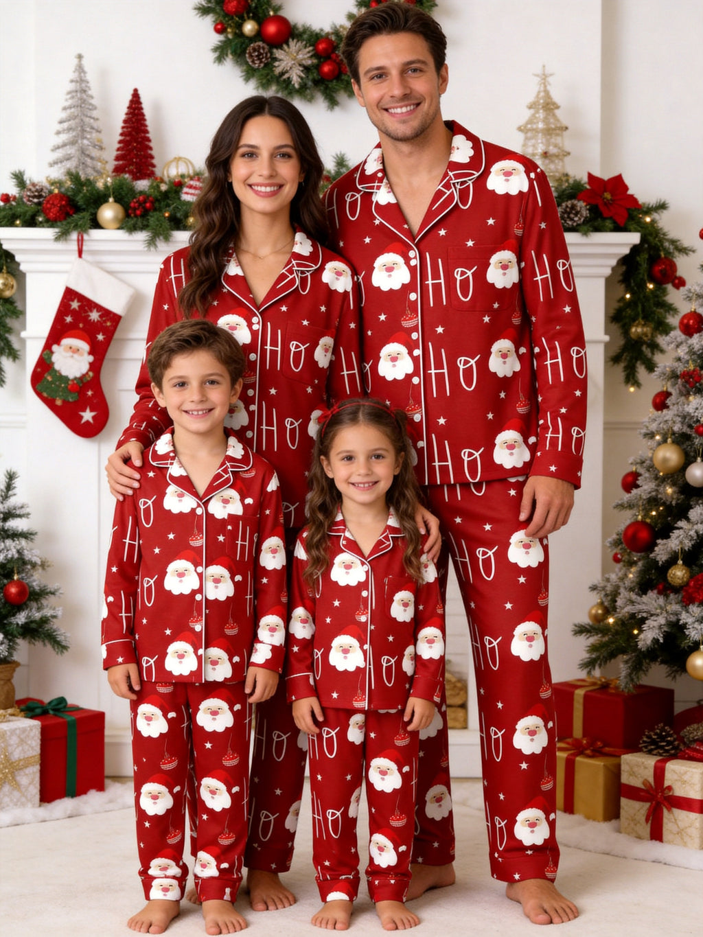 Red Santa Claus Face and Starry Print Matching Couple Christmas Sleepwear