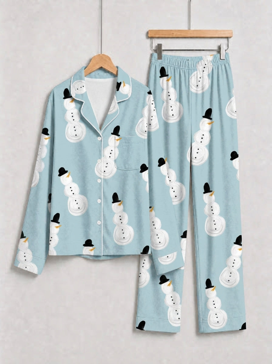 Light Blue Top Hat Snowman Print Matching Couple Winter Holiday Pajamas