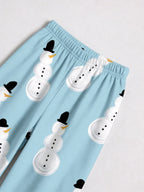 Light Blue Top Hat Snowman Print Matching Couple Winter Holiday Pajamas