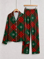 Red and Green Plaid with Snowflakes Matching Couple Christmas Pajamas PJs