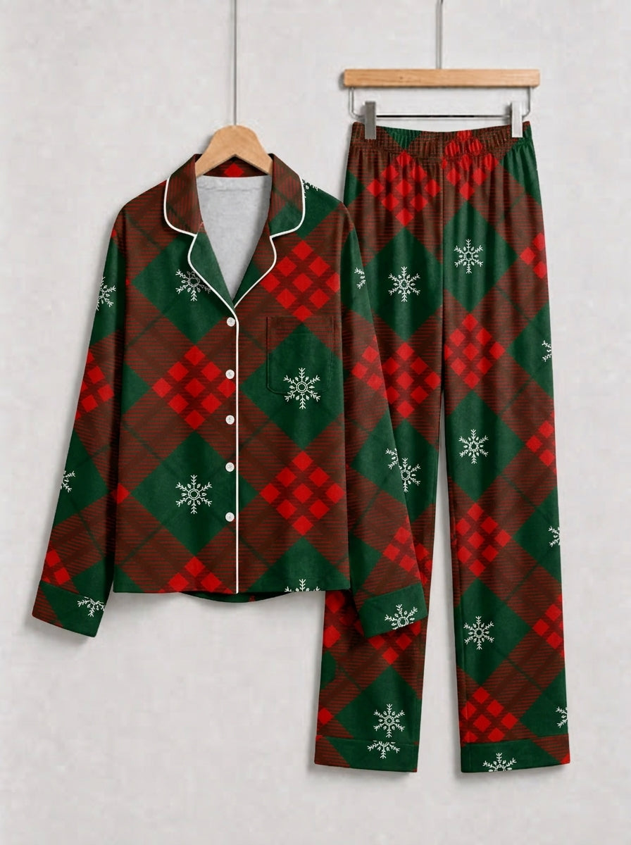 Red and Green Plaid with Snowflakes Matching Couple Christmas Pajamas PJs