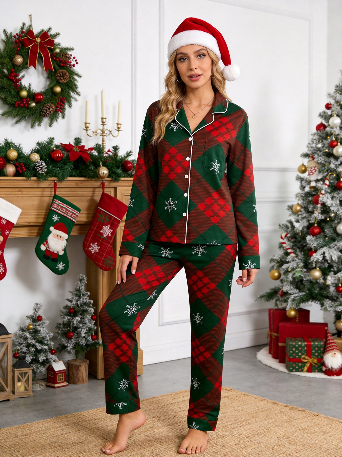 Red and Green Plaid with Snowflakes Matching Couple Christmas Pajamas PJs