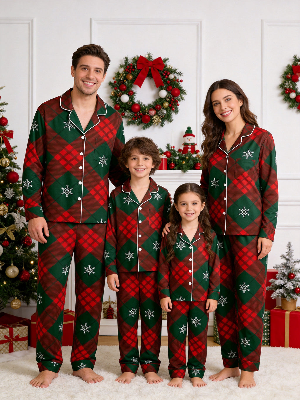 Red and Green Plaid with Snowflakes Matching Couple Christmas Pajamas PJs