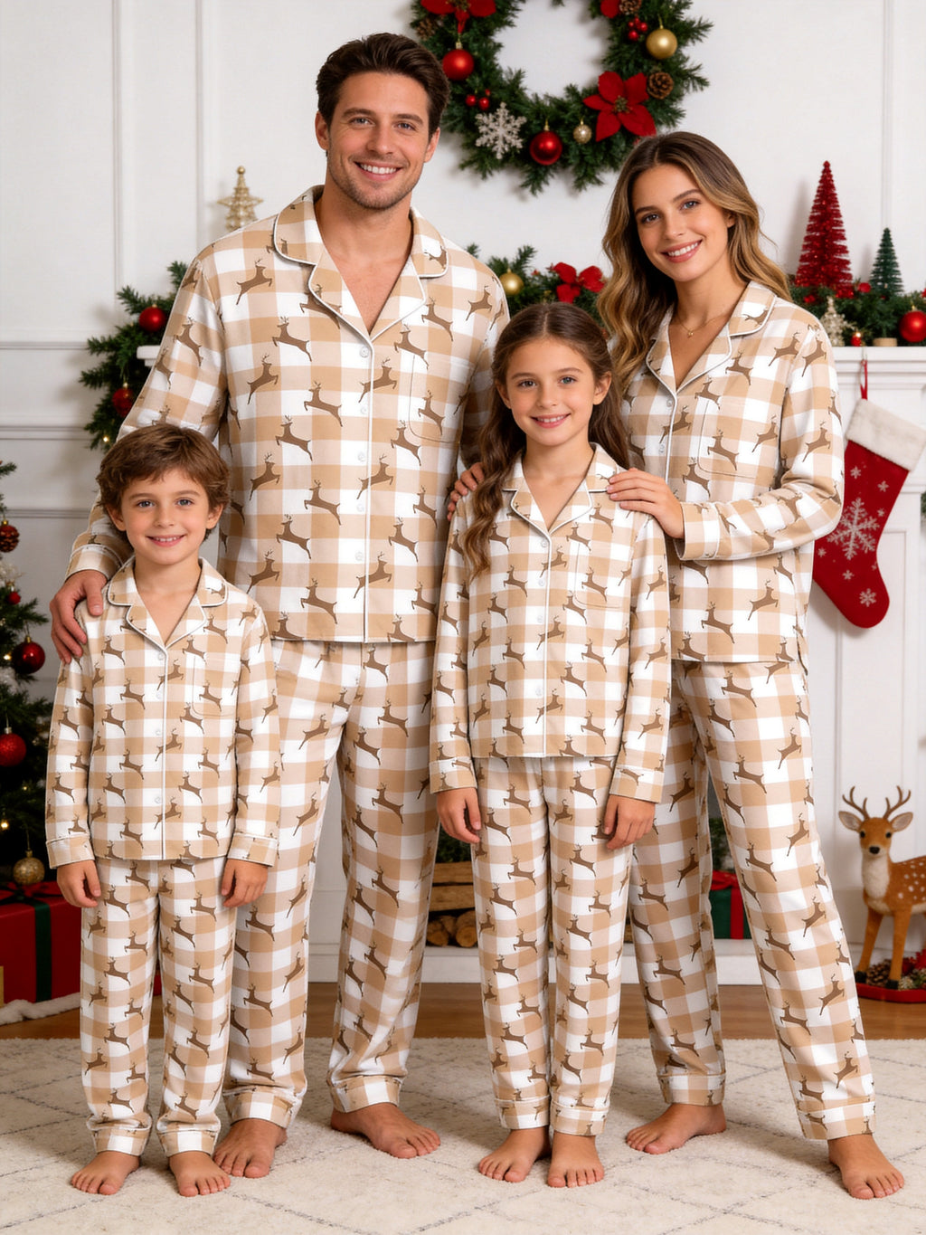 Buffalo Plaid Reindeer Print Matching Couple Pajamas Holiday Set