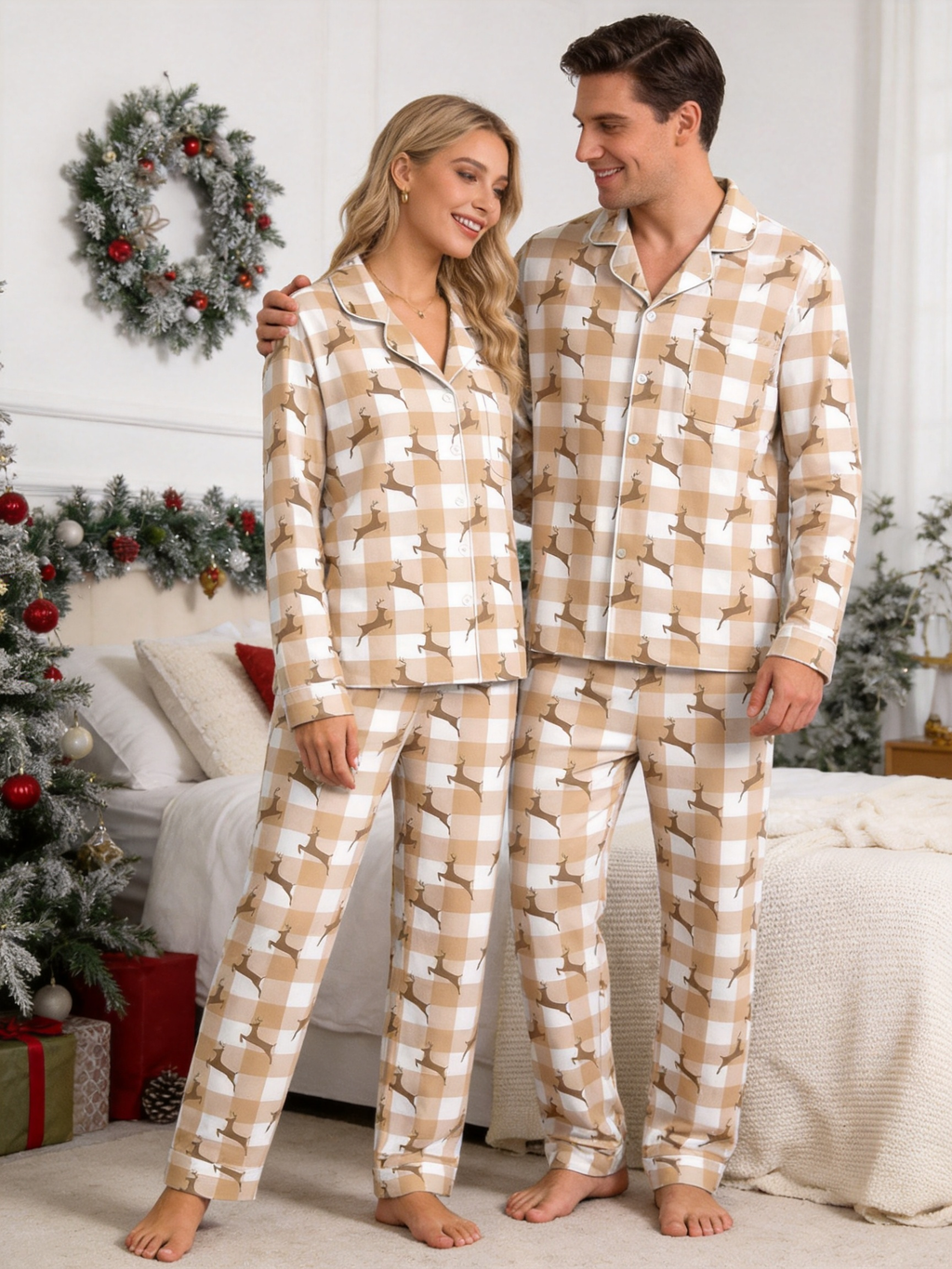 Buffalo Plaid Reindeer Print Matching Couple Pajamas Holiday Set