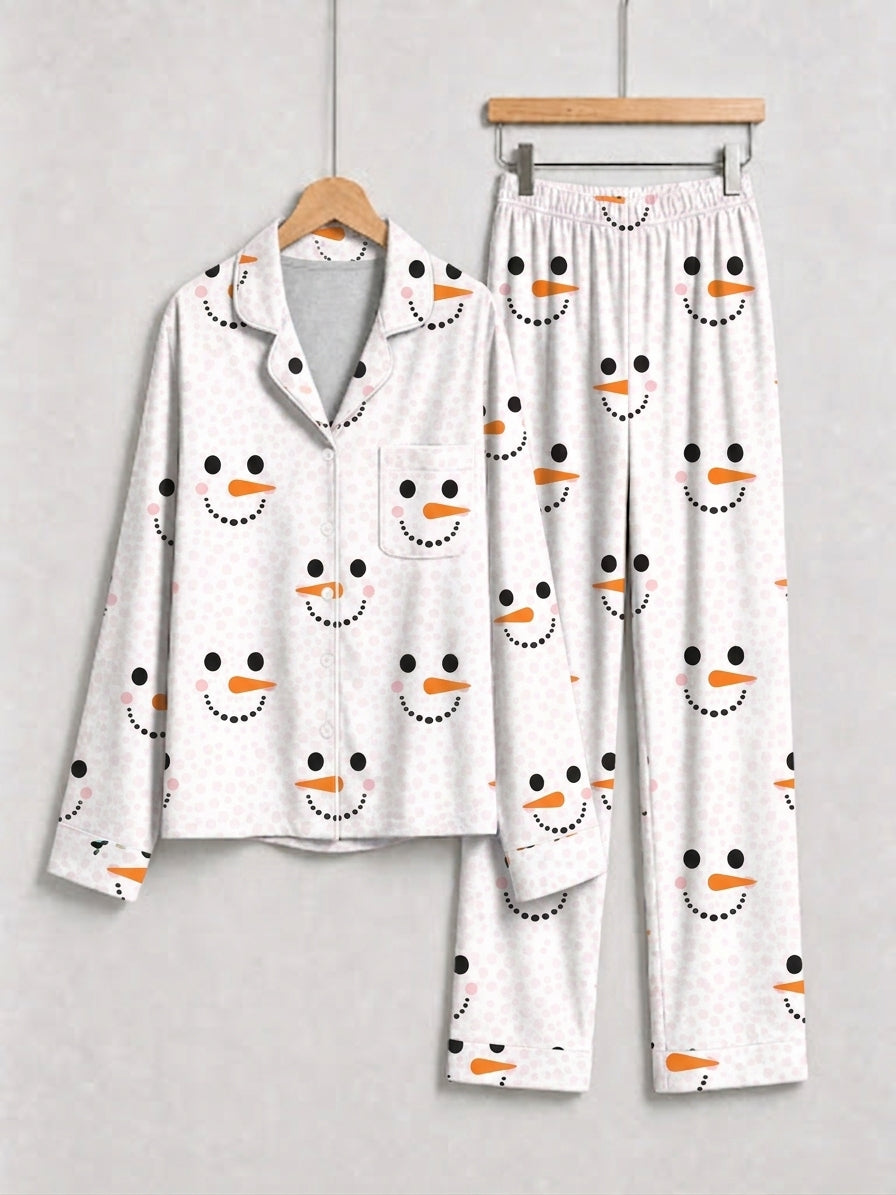 White Snowman Face and Polka Dot Print Matching Couple Christmas Pajamas