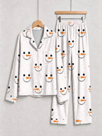 White Snowman Face and Polka Dot Print Matching Couple Christmas Pajamas