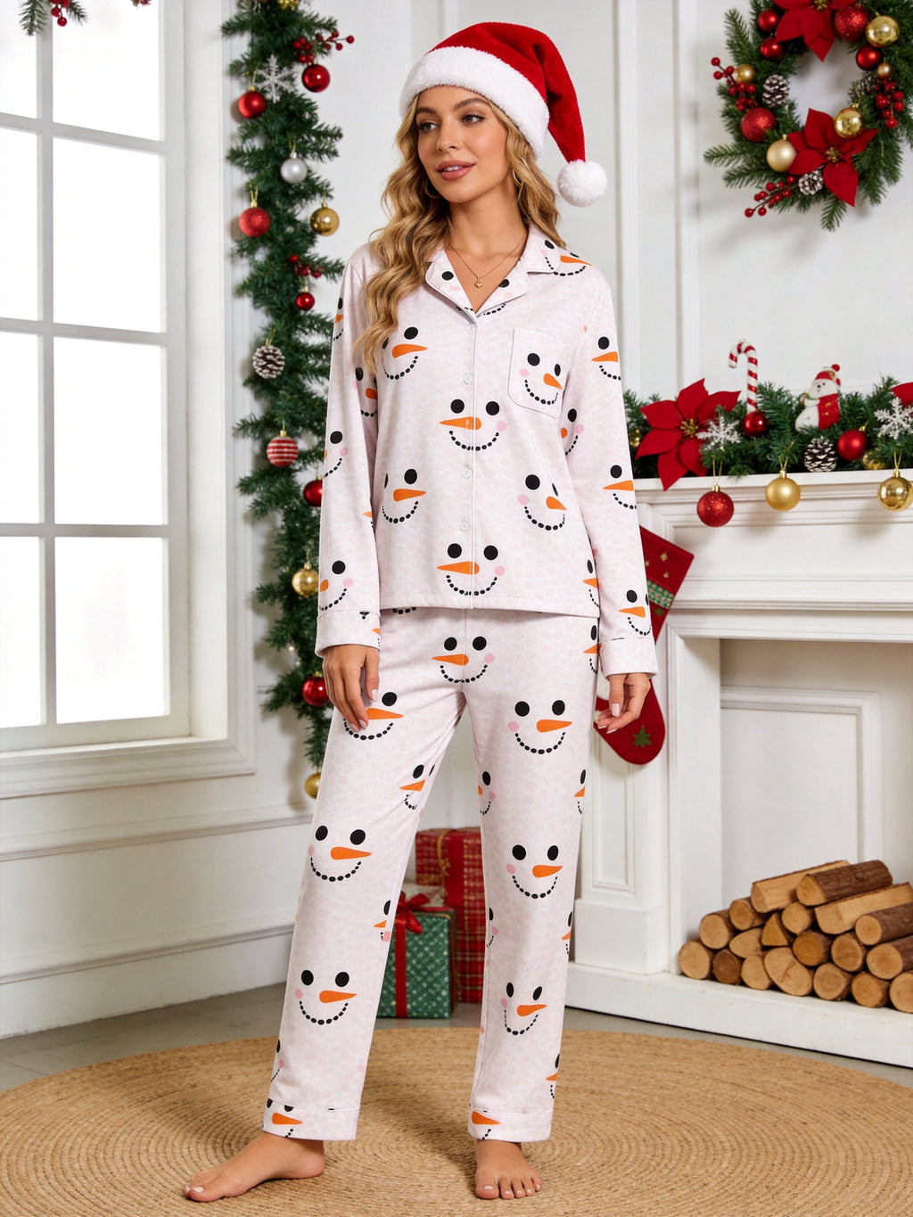 White Snowman Face and Polka Dot Print Matching Couple Christmas Pajamas