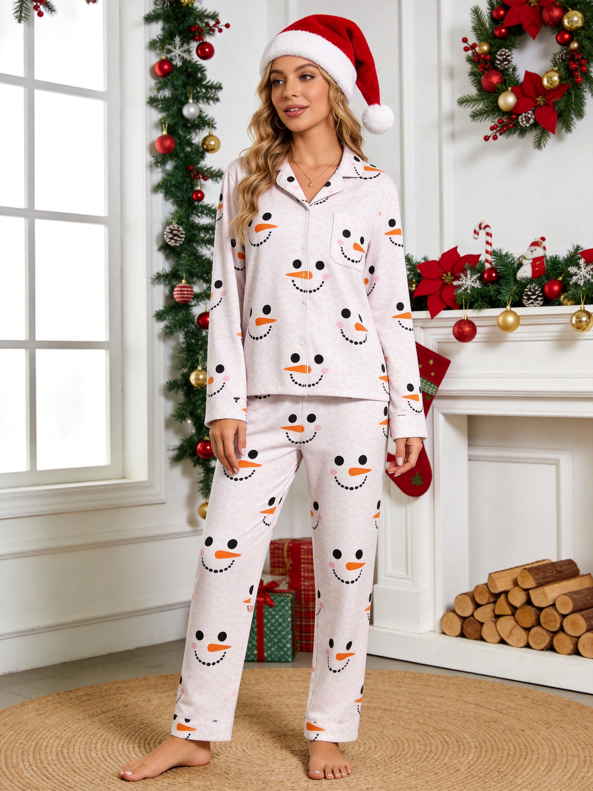 White Snowman Face and Polka Dot Print Matching Couple Christmas Pajamas