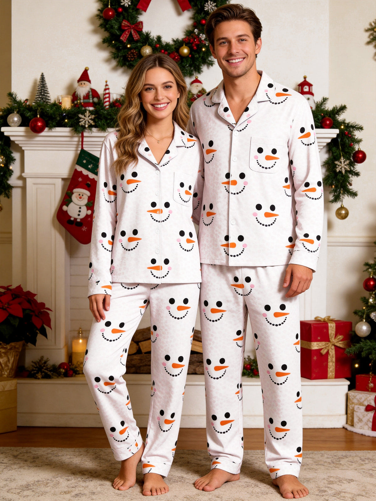 White Snowman Face and Polka Dot Print Matching Couple Christmas Pajamas