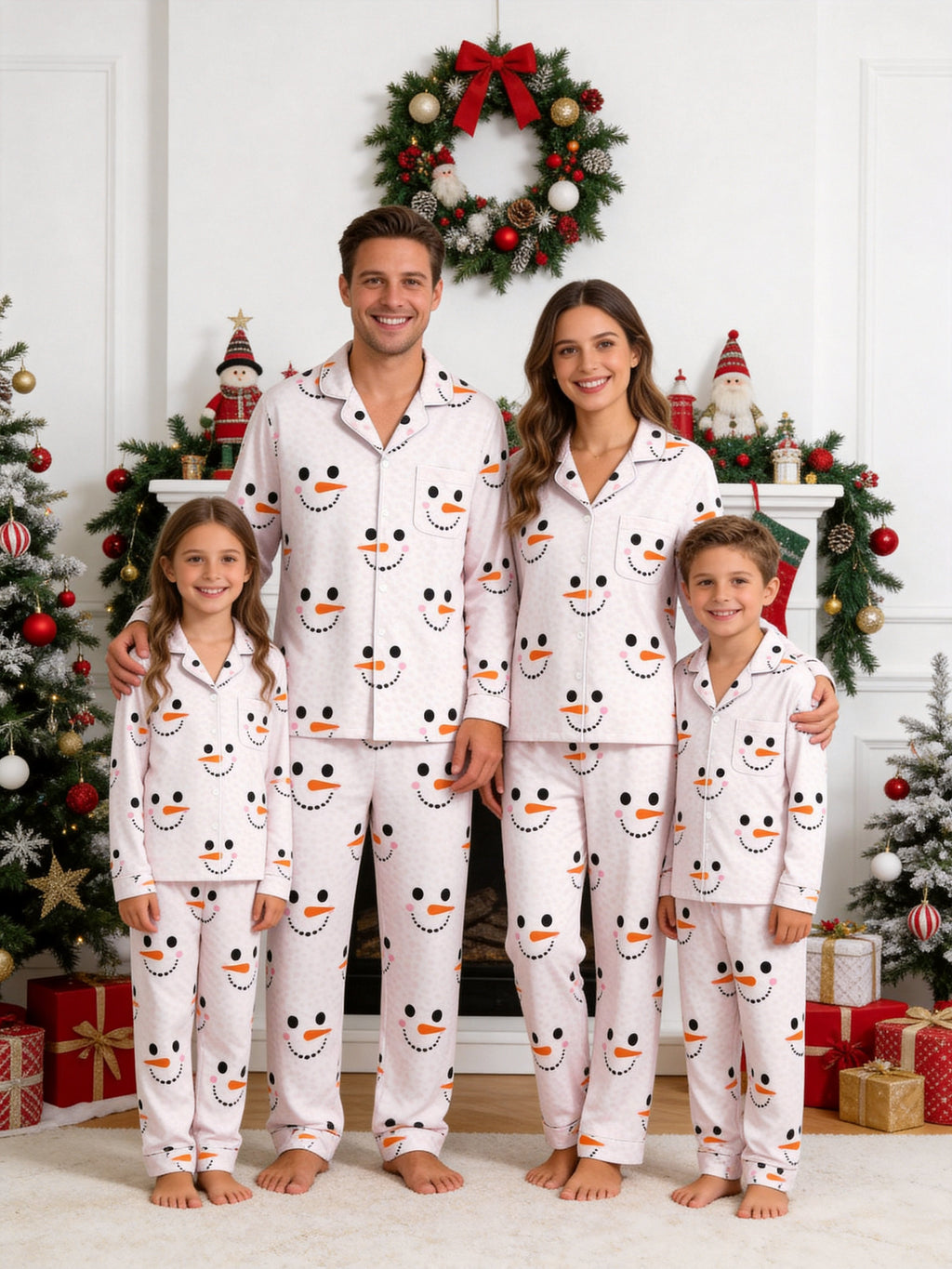 White Snowman Face and Polka Dot Print Matching Couple Christmas Pajamas