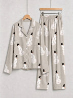 Grey Top Hat Snowman Print Long Sleeve Matching Couple Christmas Pajamas