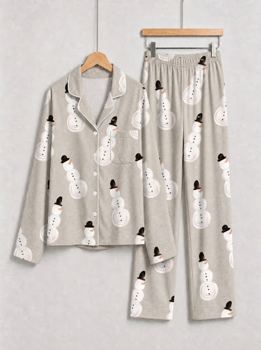 Grey Top Hat Snowman Print Long Sleeve Matching Couple Christmas Pajamas