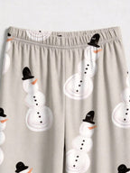 Grey Top Hat Snowman Print Long Sleeve Matching Couple Christmas Pajamas