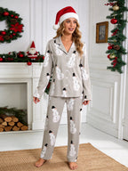 Grey Top Hat Snowman Print Long Sleeve Matching Couple Christmas Pajamas