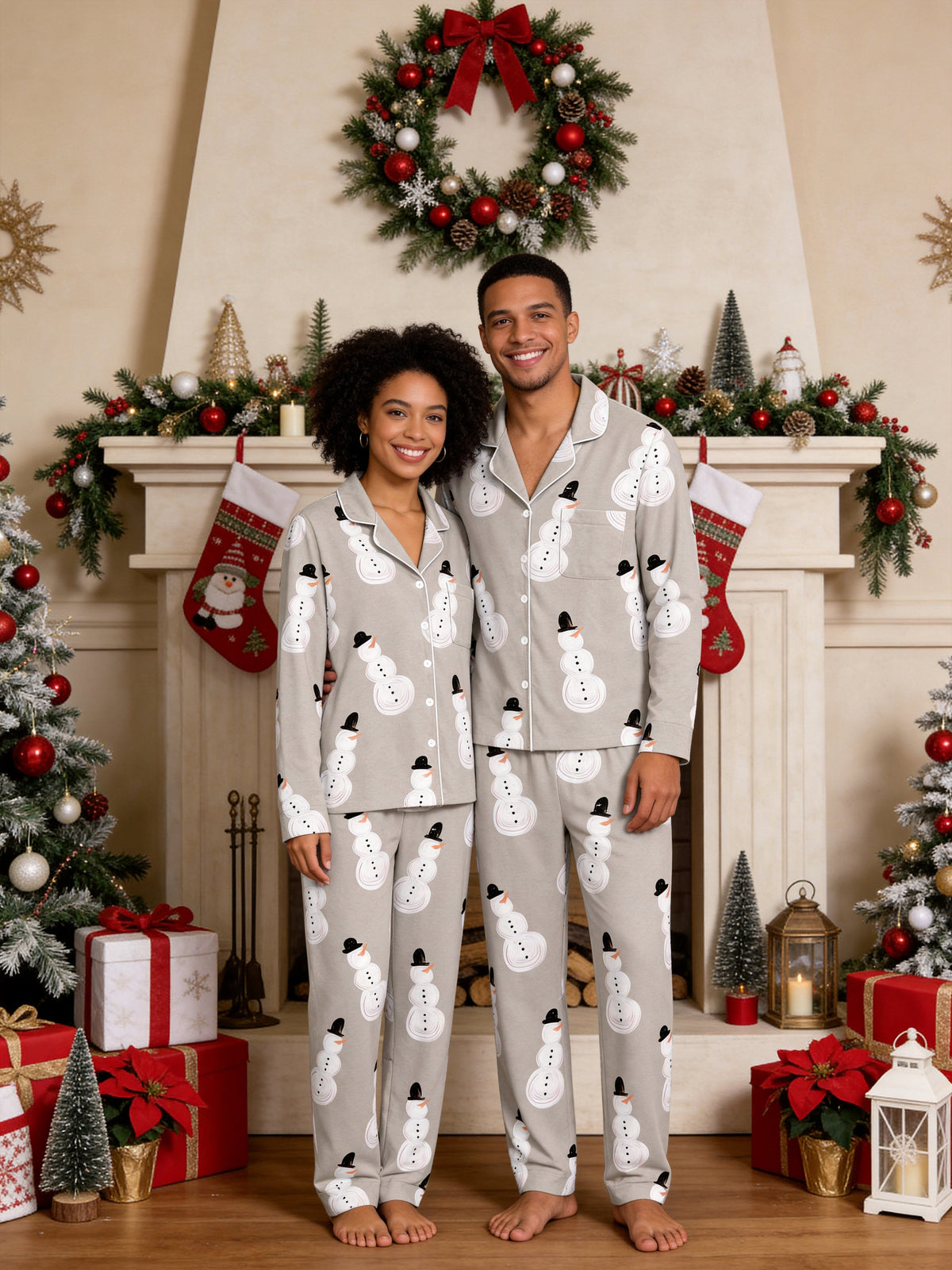 Grey Top Hat Snowman Print Long Sleeve Matching Couple Christmas Pajamas