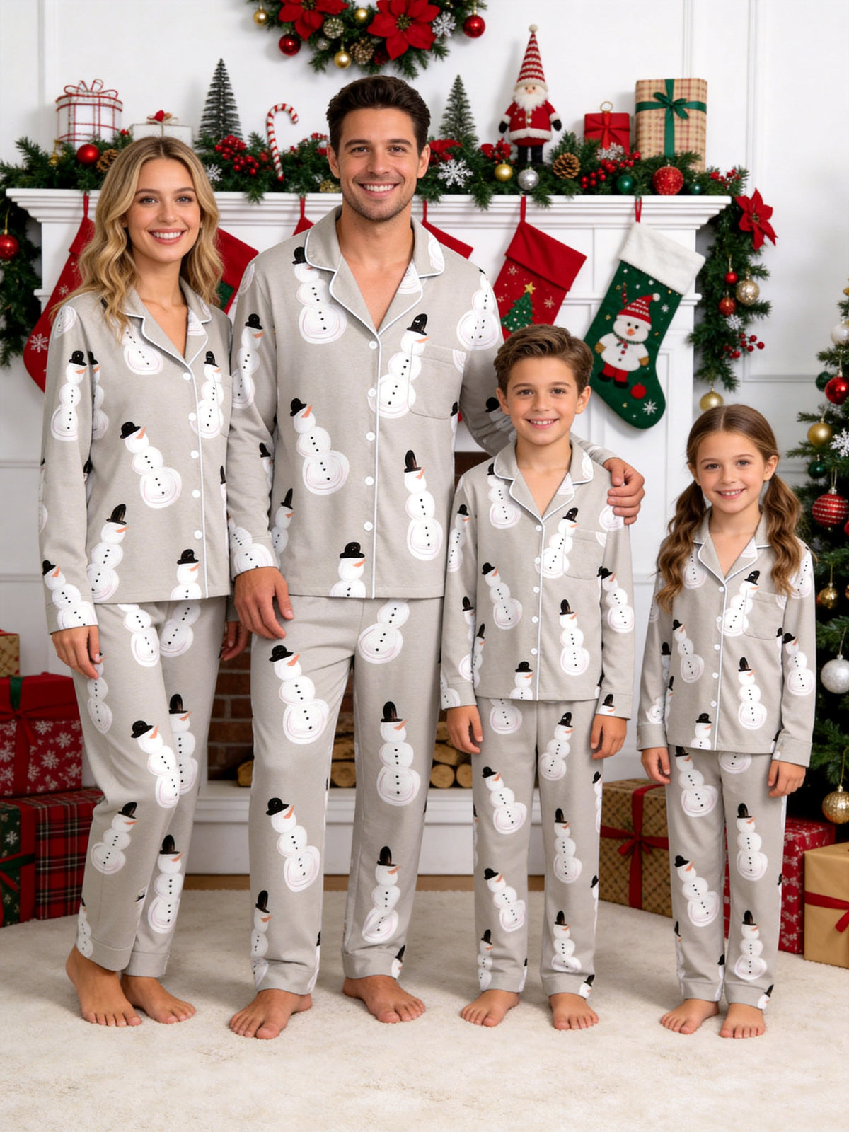 Grey Top Hat Snowman Print Long Sleeve Matching Couple Christmas Pajamas