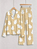 Yellow Cute Snowman Print Long Sleeve Button-Down Matching Couple Christmas Pajamas Set
