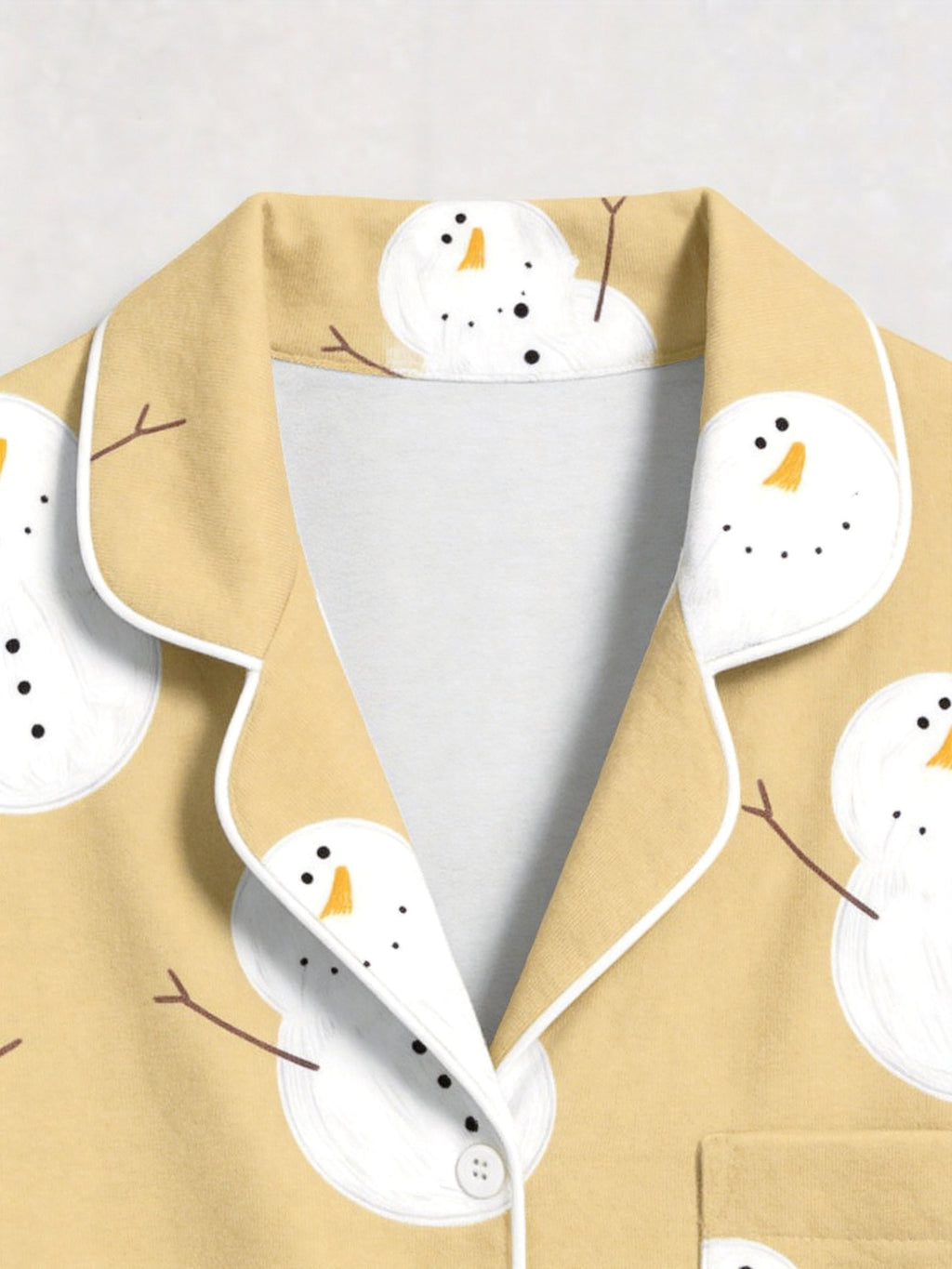 Yellow Cute Snowman Print Long Sleeve Button-Down Matching Couple Christmas Pajamas Set