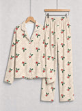 Beige Vintage Holly Berry and Grid Pattern Matching Couple Holiday Pajamas Set