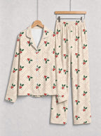 Beige Vintage Holly Berry and Grid Pattern Matching Couple Holiday Pajamas Set