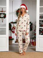 Beige Vintage Holly Berry and Grid Pattern Matching Couple Holiday Pajamas Set