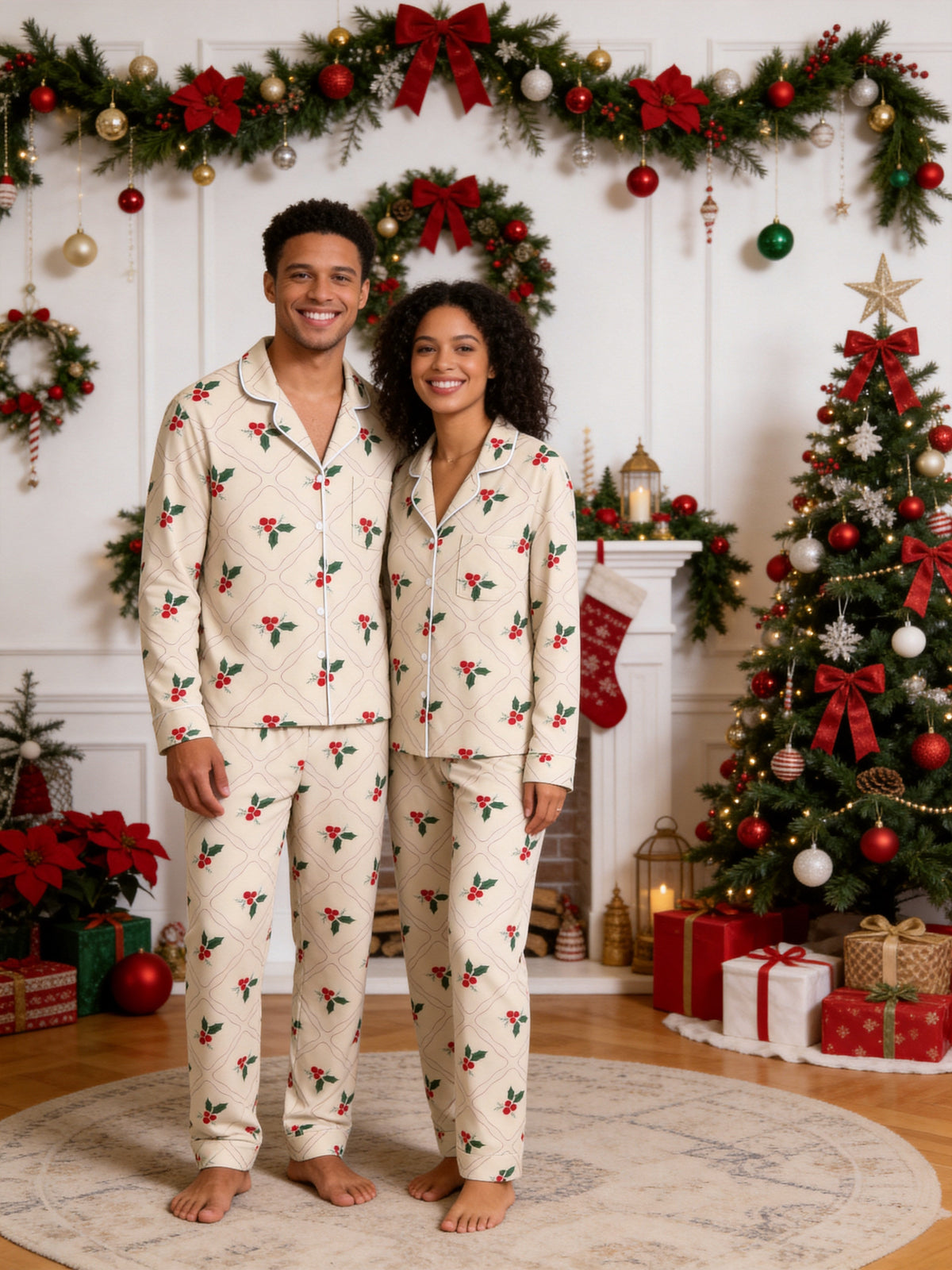 Beige Vintage Holly Berry and Grid Pattern Matching Couple Holiday Pajamas Set
