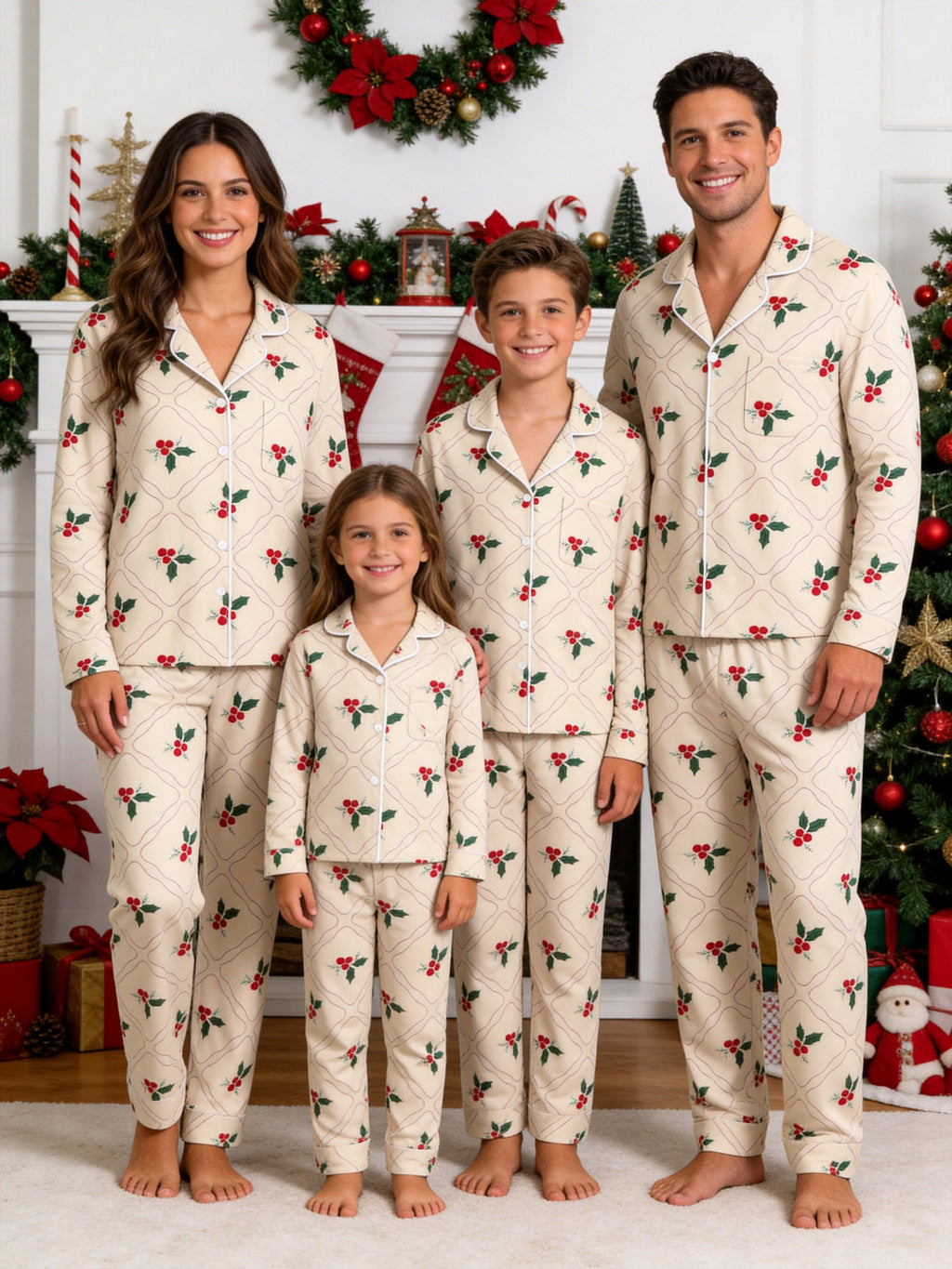 Beige Vintage Holly Berry and Grid Pattern Matching Couple Holiday Pajamas Set