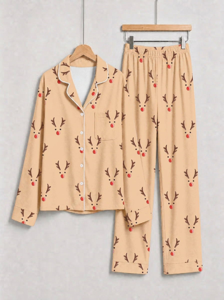Khaki Red Nosed Reindeer Antlers Print Long Sleeve Matching Couple Pajamas