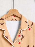 Khaki Red Nosed Reindeer Antlers Print Long Sleeve Matching Couple Pajamas