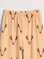 Khaki Red Nosed Reindeer Antlers Print Long Sleeve Matching Couple Pajamas