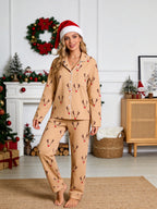 Khaki Red Nosed Reindeer Antlers Print Long Sleeve Matching Couple Pajamas