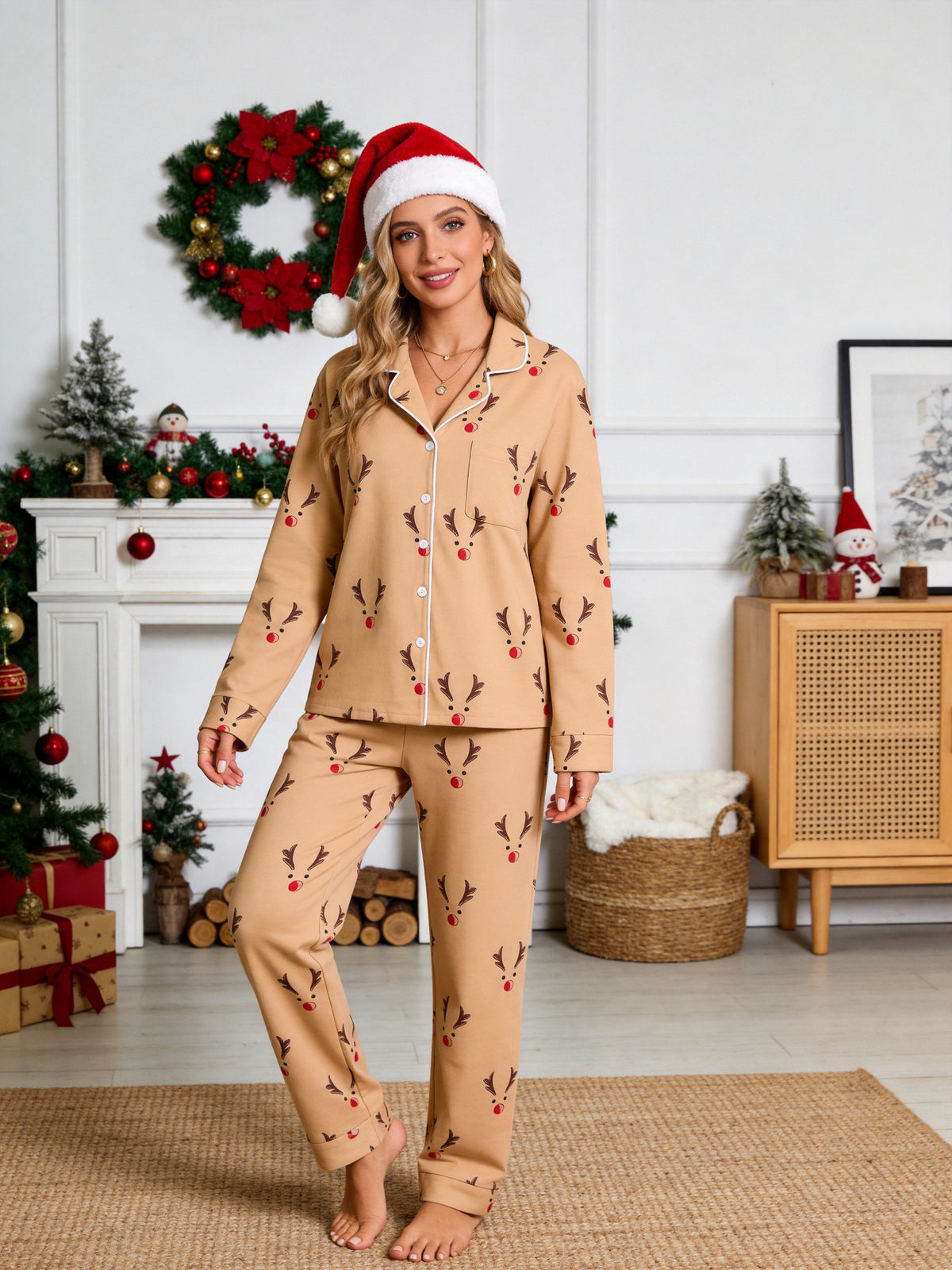 Khaki Red Nosed Reindeer Antlers Print Long Sleeve Matching Couple Pajamas