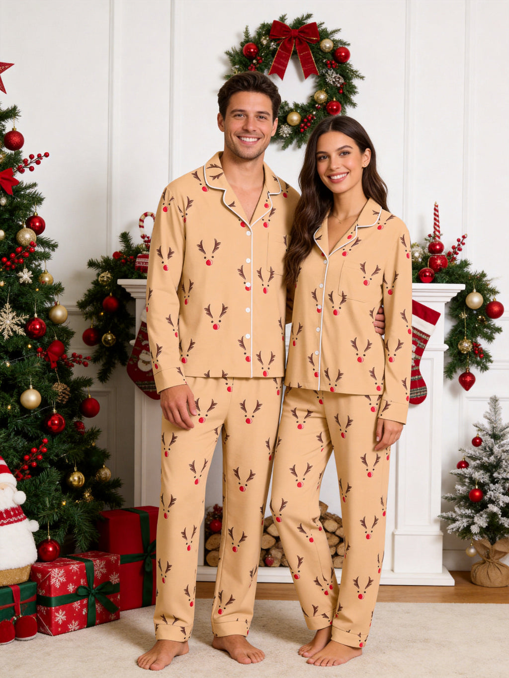 Khaki Red Nosed Reindeer Antlers Print Long Sleeve Matching Couple Pajamas