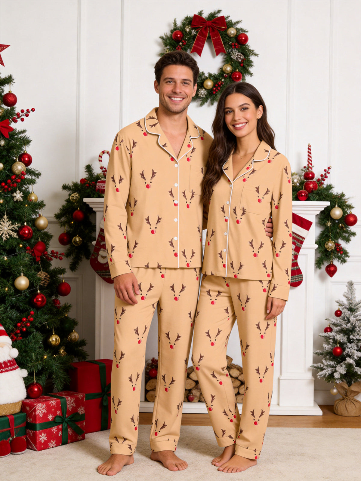 Khaki Red Nosed Reindeer Antlers Print Long Sleeve Matching Couple Pajamas