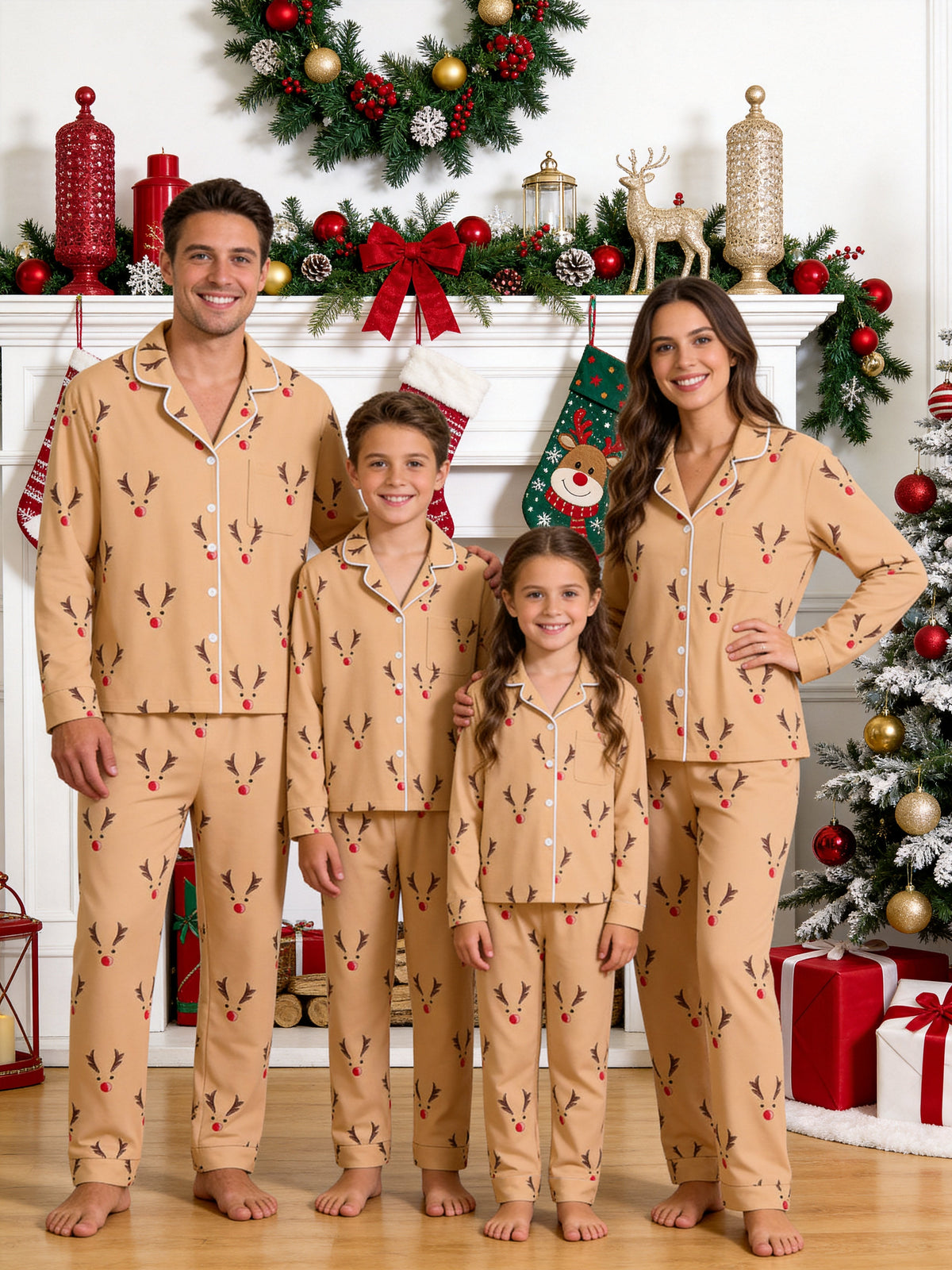 Khaki Red Nosed Reindeer Antlers Print Long Sleeve Matching Couple Pajamas