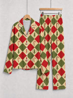 Red and Green Argyle Christmas Tree and Candy Cane Print Matching Couple Sleepwear Set