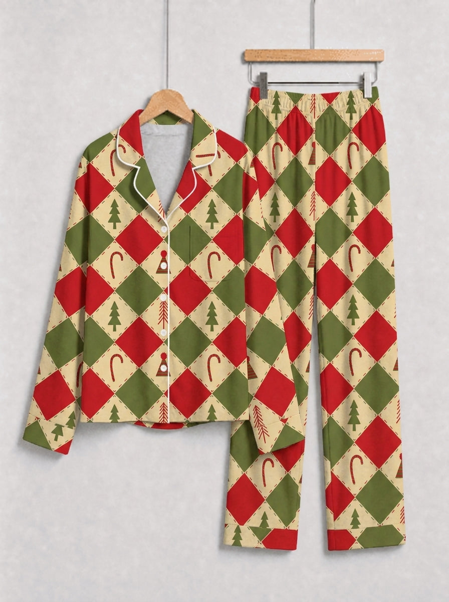 Red and Green Argyle Christmas Tree and Candy Cane Print Matching Couple Sleepwear Set