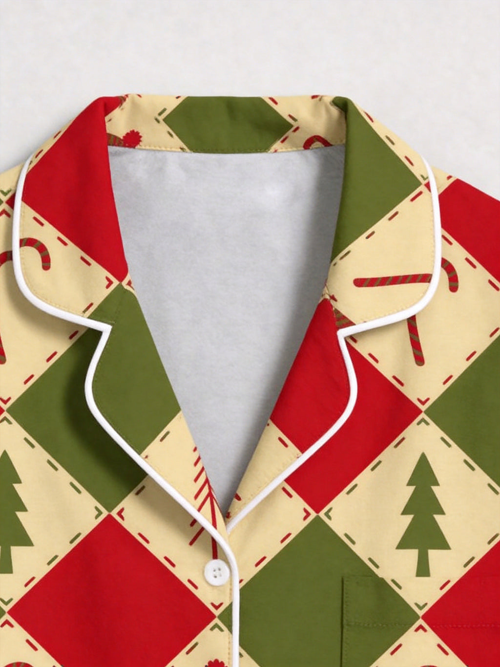 Red and Green Argyle Christmas Tree and Candy Cane Print Matching Couple Sleepwear Set