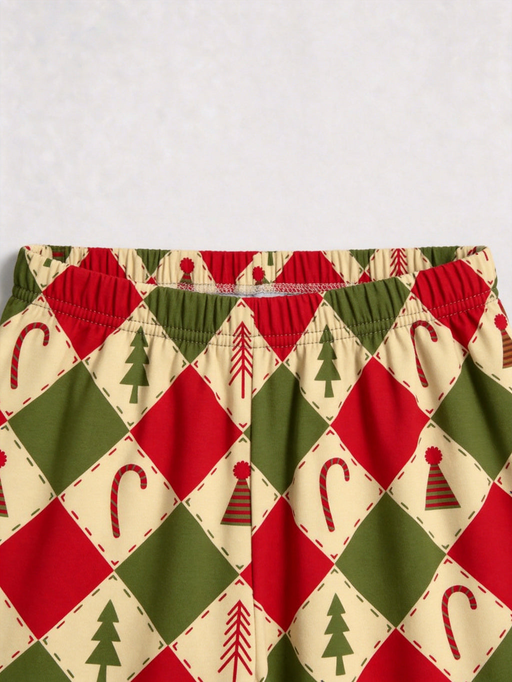 Red and Green Argyle Christmas Tree and Candy Cane Print Matching Couple Sleepwear Set