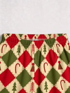 Red and Green Argyle Christmas Tree and Candy Cane Print Matching Couple Sleepwear Set