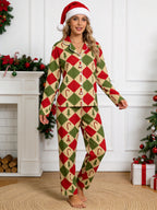 Red and Green Argyle Christmas Tree and Candy Cane Print Matching Couple Sleepwear Set