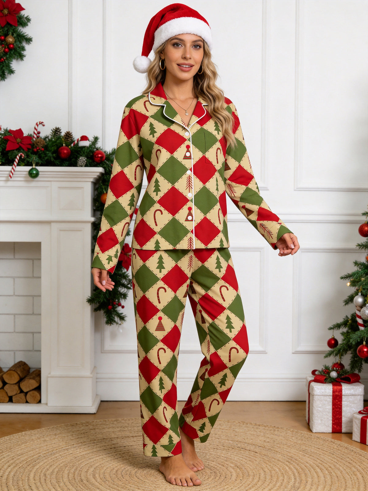 Red and Green Argyle Christmas Tree and Candy Cane Print Matching Couple Sleepwear Set