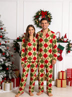 Red and Green Argyle Christmas Tree and Candy Cane Print Matching Couple Sleepwear Set