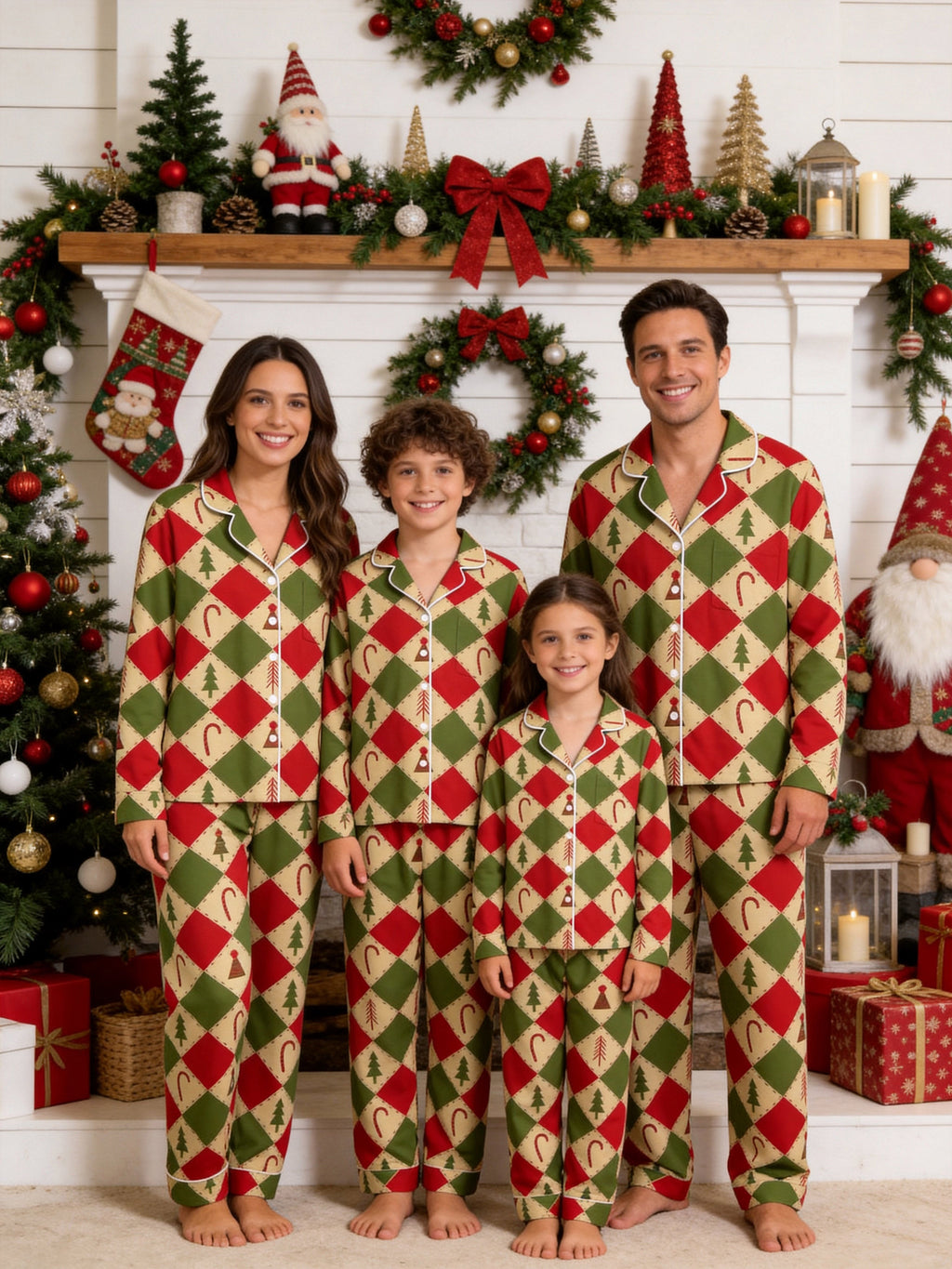 Red and Green Argyle Christmas Tree and Candy Cane Print Matching Couple Sleepwear Set