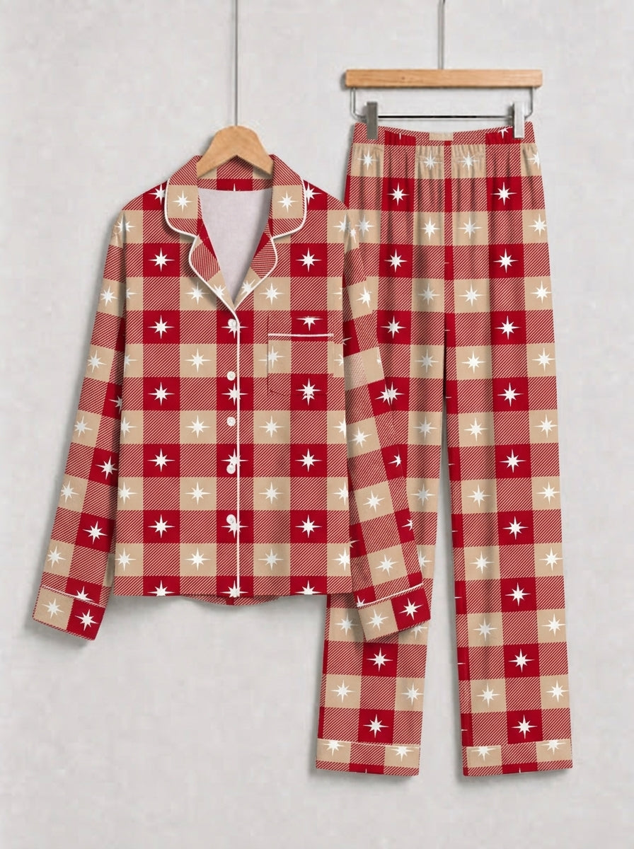 Red Gingham with Stars Matching Couple Christmas Pajamas Sleepwear