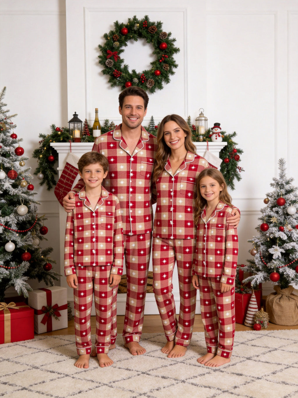 Red Gingham with Stars Matching Couple Christmas Pajamas Sleepwear